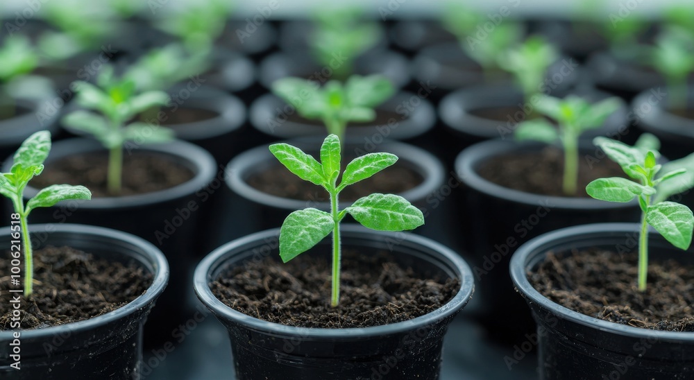 Green seedlings grow in small black pots, showcasing vibrant leaves and rich soil, representing the beginning of new plants in a nurturing environment. Green seedlings grow in small black pots, showcasing vibrant leaves and rich soil, representing the beginning of new plants in a nurturing environment.