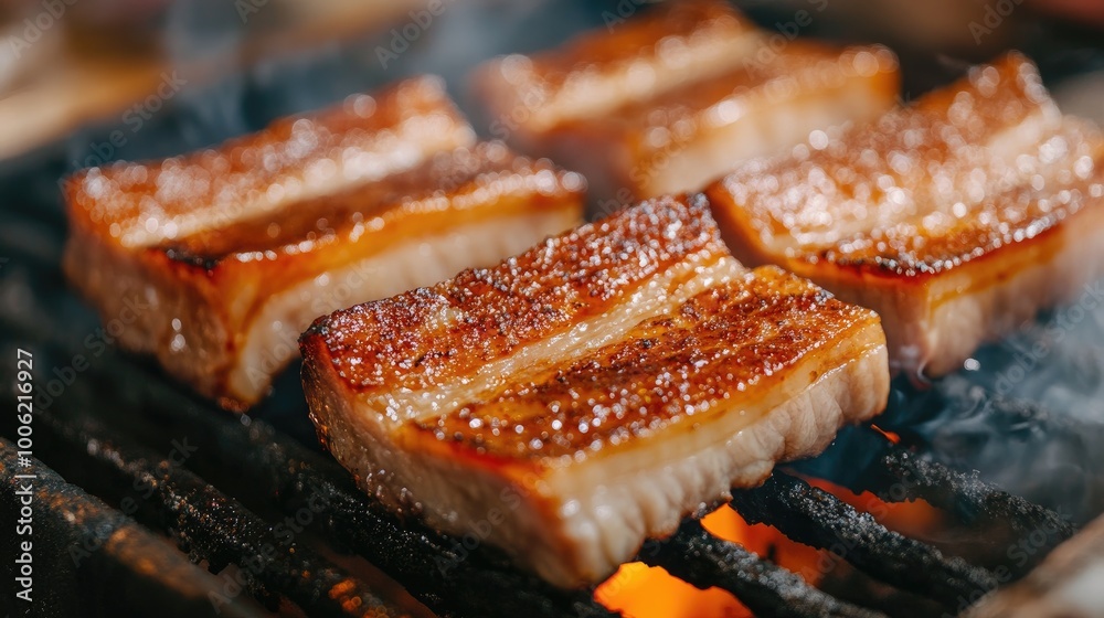 A close-up of juicy pork belly slices grilling on a hot barbecue grill, the fat rendering and the meat developing a mouthwatering char. A close-up of juicy pork belly slices grilling on a hot barbecue grill, the fat rendering and the meat developing a mouthwatering char.