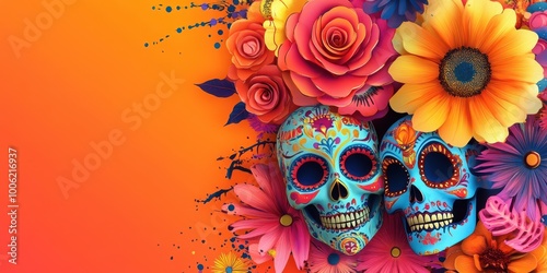 Vibrant skulls adorned with colorful flowers, celebrating the rich tradition of Day of the Dead. A stunning festive decor.