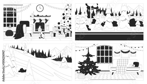 Winter woods cozy home black and white line illustrations set. Fireplace Christmas tree gifts garlands 2D landscapes, interiors monochrome backgrounds. Xmas time outline vector images collection