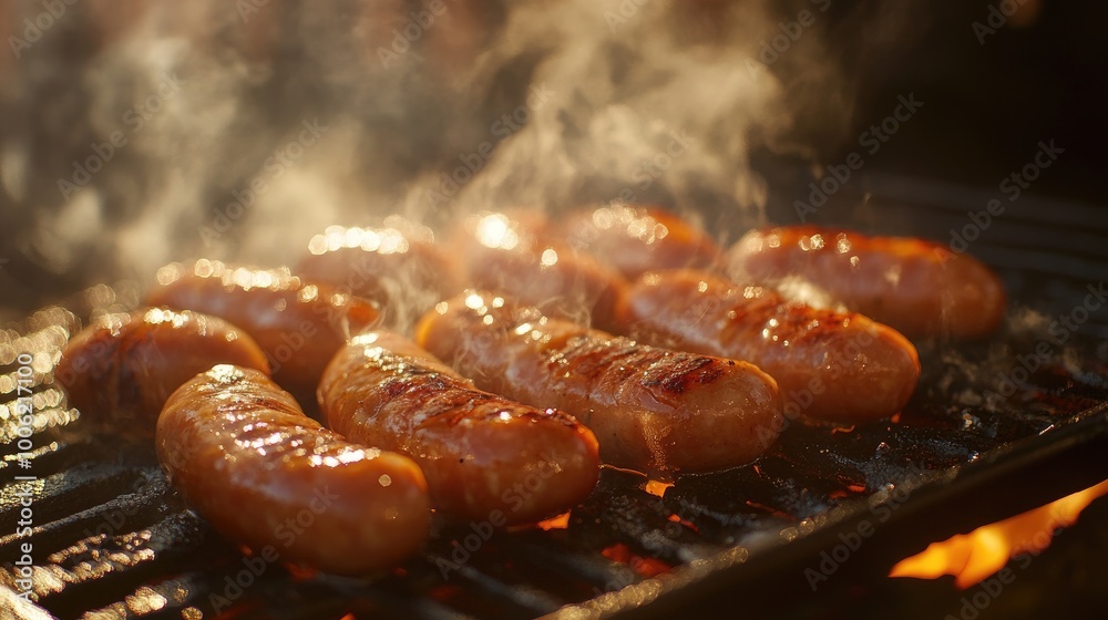A close-up of pork sausages sizzling on a barbecue grill, the casings crisping up and the juices bubbling with flavor. A close-up of pork sausages sizzling on a barbecue grill, the casings crisping up and the juices bubbling with flavor.