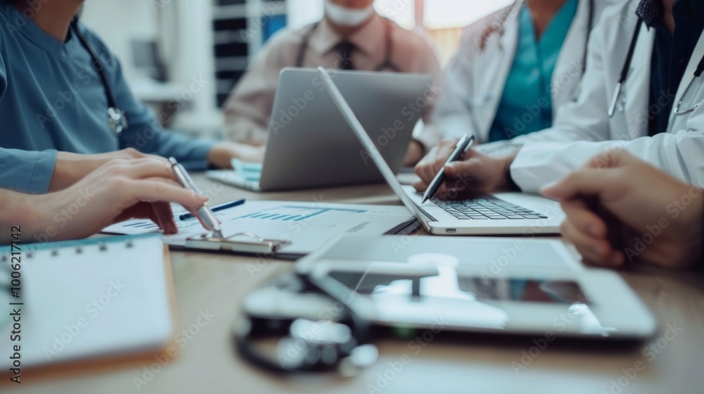 A group of doctors are sitting around a table with laptops and pens A group of doctors are sitting around a table with laptops and pens