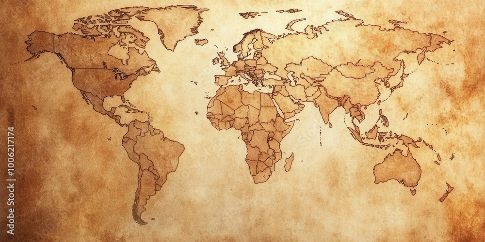 Fototapeta premium Vintage world map illustration on aged paper, showcasing geographical regions and textures, ideal for travel and exploration themes.