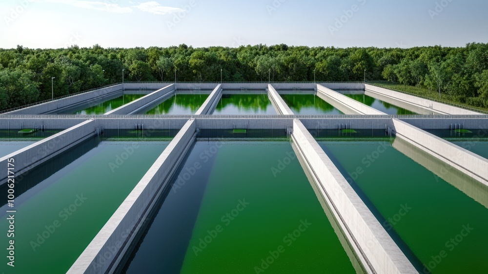 Fototapeta premium An aerial view of a modern algae farm with multiple rectangular ponds, surrounded by lush greenery under a clear sky.