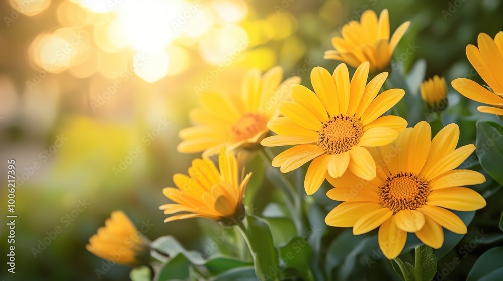 Bright Yellow Flowers in Sunny Garden Setting Bright Yellow Flowers in Sunny Garden Setting
