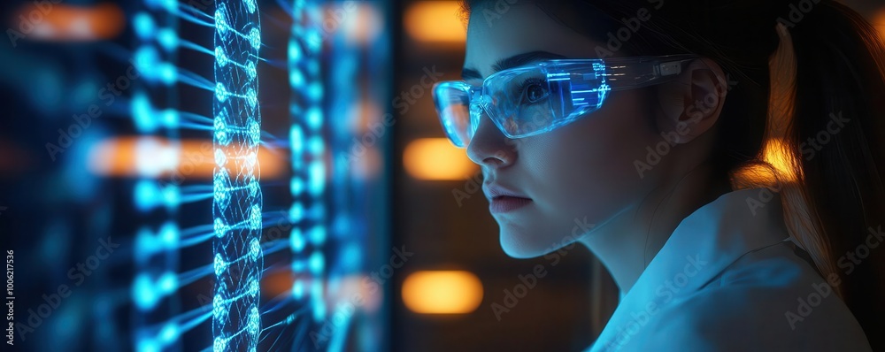 A focused female scientist analyzes data on a futuristic digital interface, wearing smart glasses in a lab environment. A focused female scientist analyzes data on a futuristic digital interface, wearing smart glasses in a lab environment.