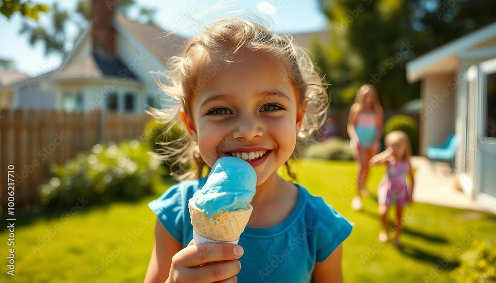 A cute child enjoying blue ice cream with friends in the sunny backyard on a summer day.
A cute child enjoying blue ice cream with friends in the sunny backyard on a summer day.