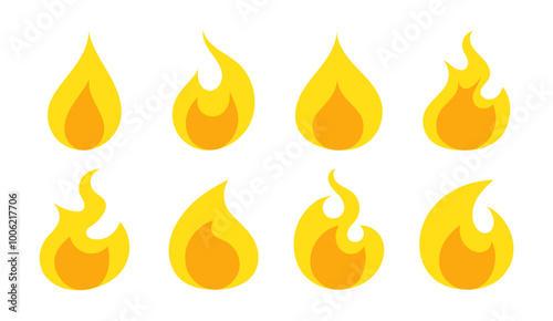 Collection of various stylized flame icons in varying shapes and sizes. Different tongues of flame drawn by hand. Can be use for graphic design, icons and logos. Vector illustration 
