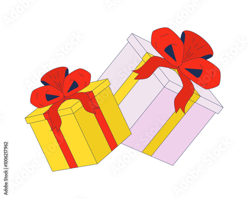 Ribbons gift boxes 2D cartoon object. Birthday presents. Donation giveaway. Thanks packages give away. Giftboxes bows isolated element flat vector clipart on white background. Spot illustration