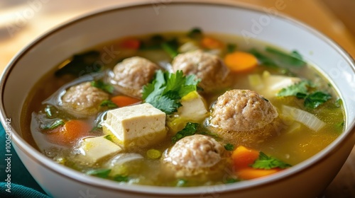 A comforting bowl of Gaeng Jued, Thai clear soup with pork meatballs, tofu, and vegetables, flavored with garlic and cilantro.