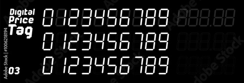 Digital price tag numbers in a seven-segment display style on black background. The numbers include digits from 0 to 9, with various configurations and decimal points. Design can be use for retail