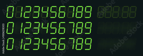 Digital price tag numbers in a seven-segment display style with a glowing green effect. The numbers include digits from 0 to 9, with various configurations and decimal points. Vector illustration 