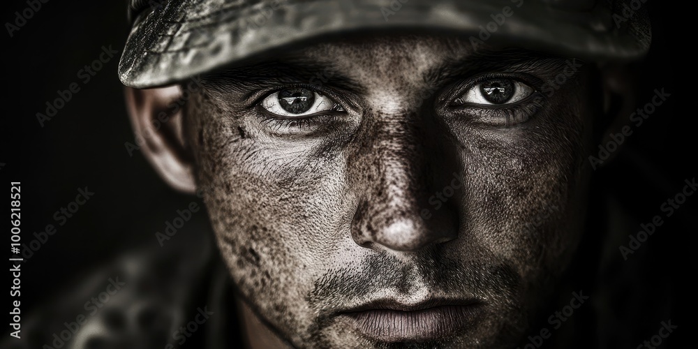 A close-up portrait of a soldier with intense eyes and a weathered face, capturing the essence of strength and resilience. A close-up portrait of a soldier with intense eyes and a weathered face, capturing the essence of strength and resilience.