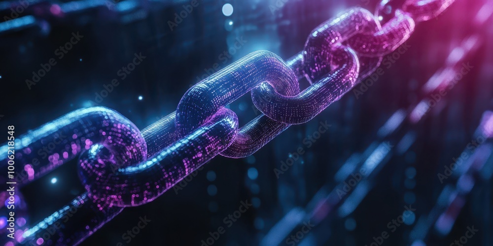 A close-up view of a digital chain, illuminated with vibrant blue and pink lights, representing security and technology. A close-up view of a digital chain, illuminated with vibrant blue and pink lights, representing security and technology.