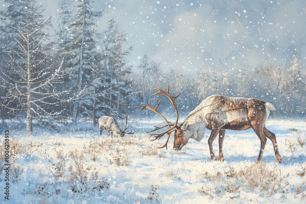 Reindeer grazing in a snowy winter landscape, serene and peaceful scene Reindeer grazing in a snowy winter landscape, serene and peaceful scene