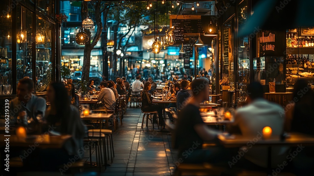 A blurry image of a restaurant with many tables and people A blurry image of a restaurant with many tables and people