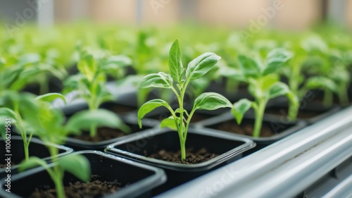 Fresh green seedlings grow in pots indoors, showcasing vibrant leaves and rich soil in a greenhouse setting.