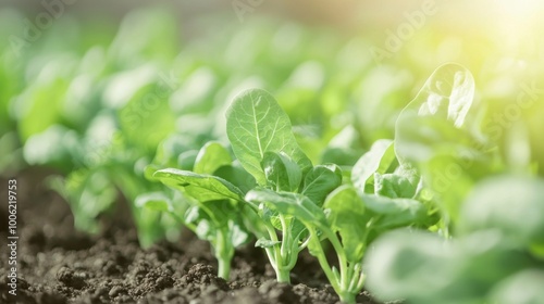 Vibrant Vegetable Garden, lush green plants thriving in a sunlit field, showcasing the beauty of nature's bounty, inviting growth and abundance in every leaf and stem