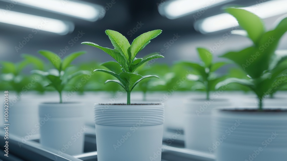 Lush green seedlings emerge from white pots under bright, artificial lighting, showcasing modern indoor cultivation techniques. Lush green seedlings emerge from white pots under bright, artificial lighting, showcasing modern indoor cultivation techniques.