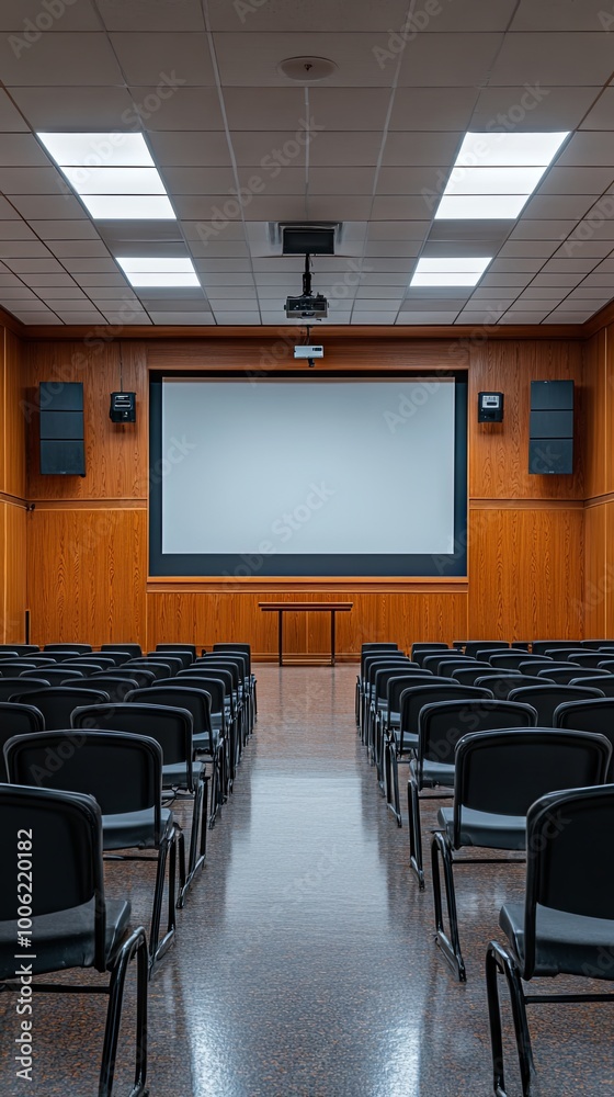 A large classroom with a projector screen and rows of black chairs A large classroom with a projector screen and rows of black chairs