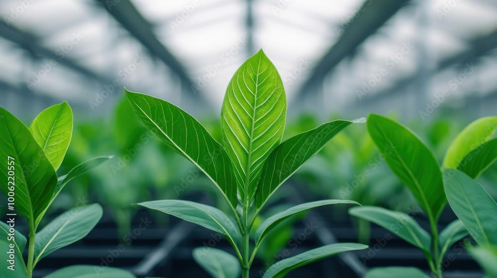 Fresh green plant leaves thriving in a controlled environment, showcasing growth and vitality in a greenhouse setting. Fresh green plant leaves thriving in a controlled environment, showcasing growth and vitality in a greenhouse setting.