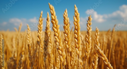 Close-up of golden wheat stalks swaying under a bright blue sky, showcasing the beauty of agriculture and the harvest season.