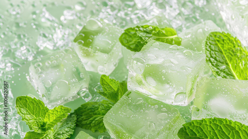 Close up Ice Cubes with mint leaves. Fresh background.