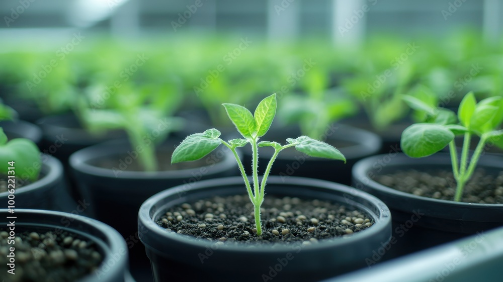 A close-up of young green seedlings growing in pots, showcasing their delicate leaves and healthy soil in a greenhouse environment.