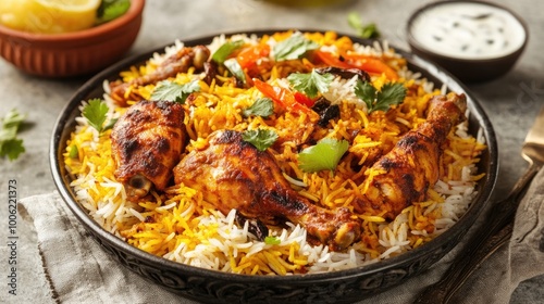 A delicious plate of chicken biryani, layered with fragrant basmati rice, tender marinated chicken, and aromatic spices, served with raita on the side.