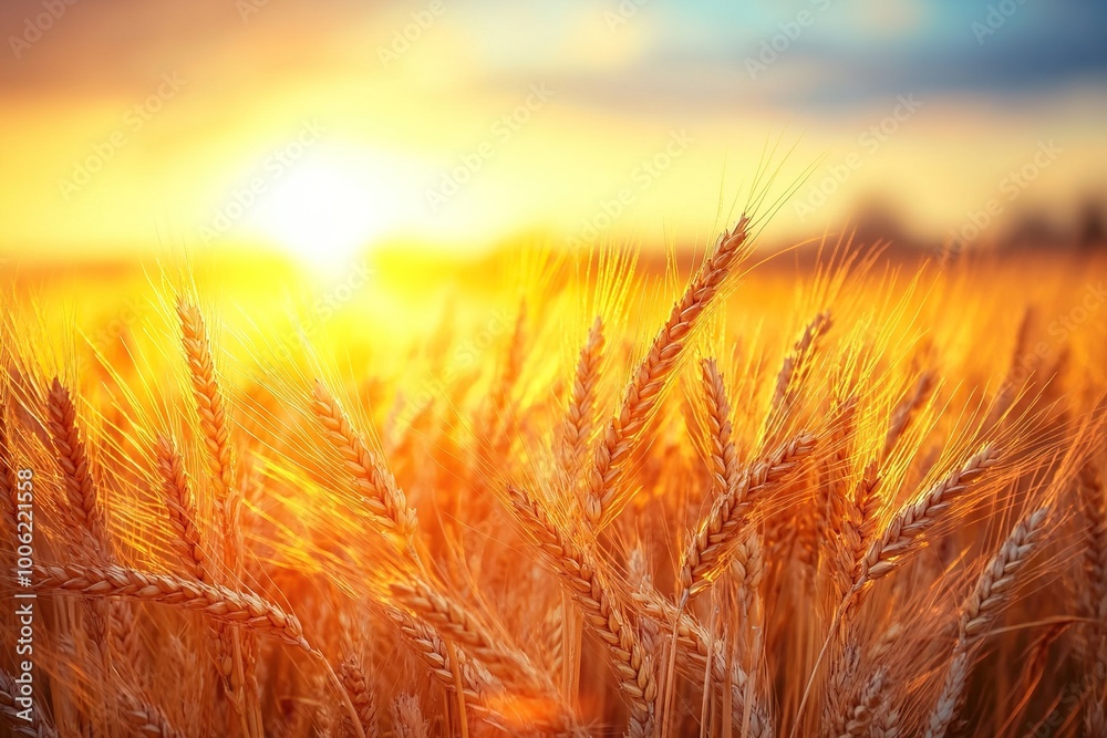 A detailed close-up panoramic view of golden wheat fields gently swaying in the breeze under a clear azure sky during a vibrant sunset. Warm sunlight casts a golden glow over the landscape. A detailed close-up panoramic view of golden wheat fields gently swaying in the breeze under a clear azure sky during a vibrant sunset. Warm sunlight casts a golden glow over the landscape.