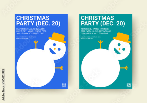 Christmas music night party minimal modern flyer design template set vector flat illustration. Happy New Year winter holiday event celebration announcement invitation with snowman Xmas character