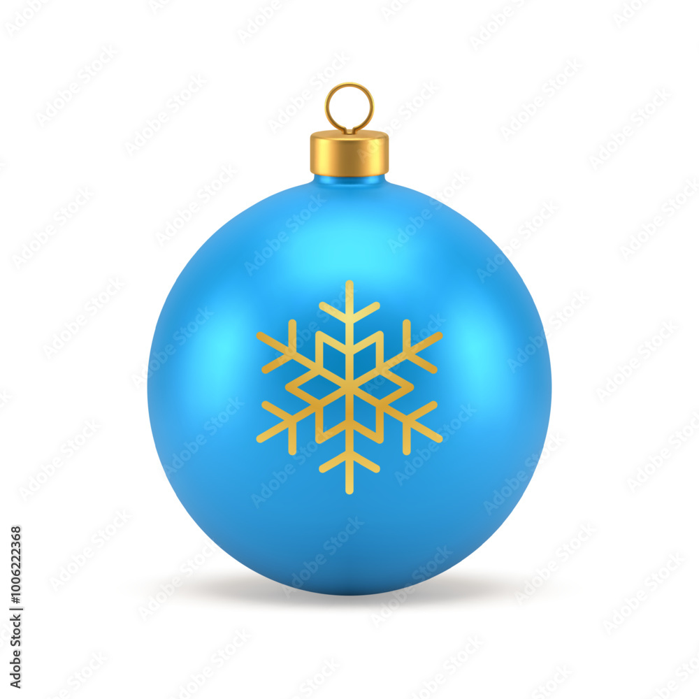 3d Christmas ball blue toy with golden snowflake ornate and loop icon realistic vector illustration. Luxury bauble with snow flake ice crystal decorative element Xmas New Year festive winter holiday