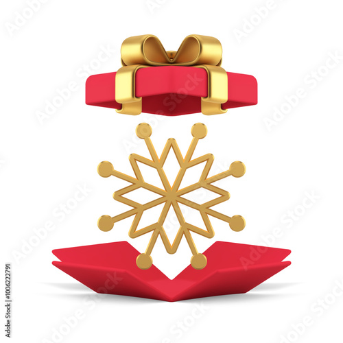 Luxury Christmas surprise golden snowflake in explosion pack 3d icon realistic vector illustration. Premium Xmas New Year present metallic snow ice crystal in red burst gift box for festive greeting