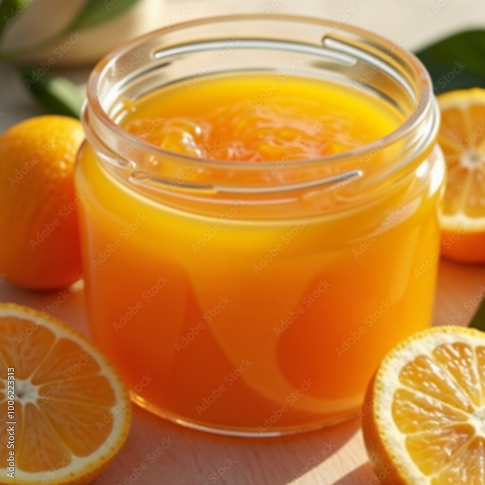 Homemade orange marmalade in glass jar with fresh citrus fruits in vibrant colors Homemade orange marmalade in glass jar with fresh citrus fruits in vibrant colors