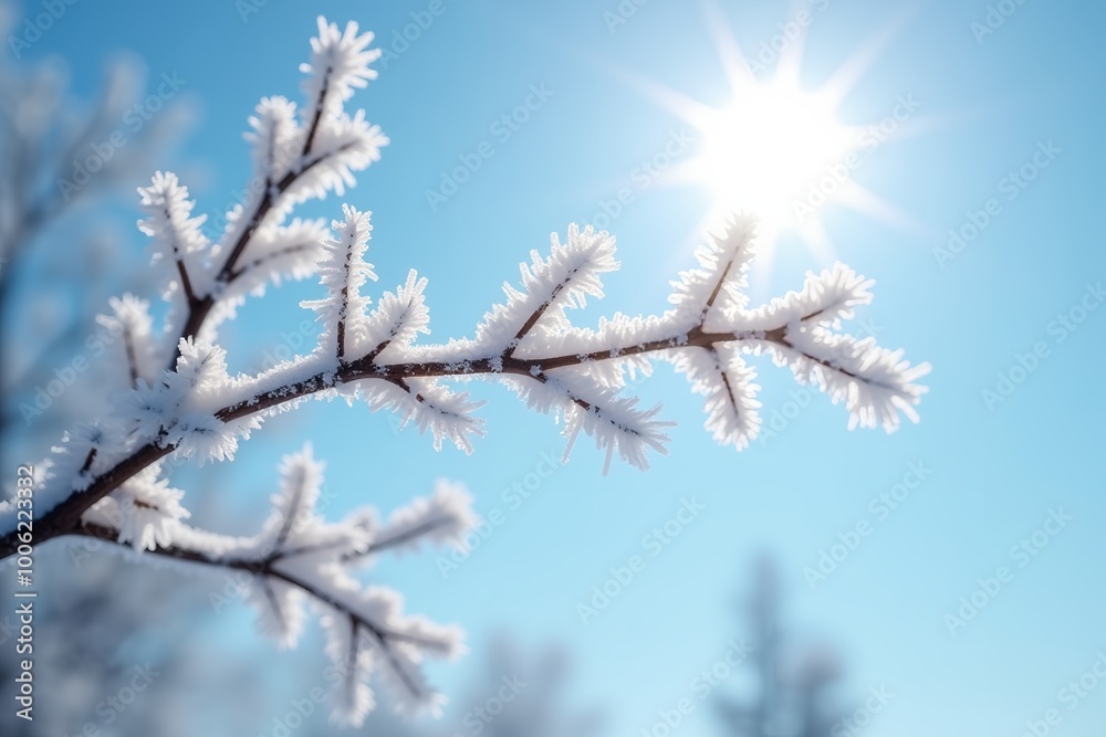 Frosty tree branch with delicate ice crystals against bright blue winter sky Frosty tree branch with delicate ice crystals against bright blue winter sky