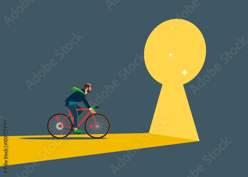 Businessman with Bicycle  walking into a keyhole shaped door with light.Challenge your progress and win the race. Modern vector illustration in flat style