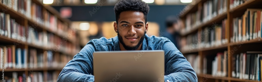 Smiling Student Using Laptop for Online Learning in a Bright Library