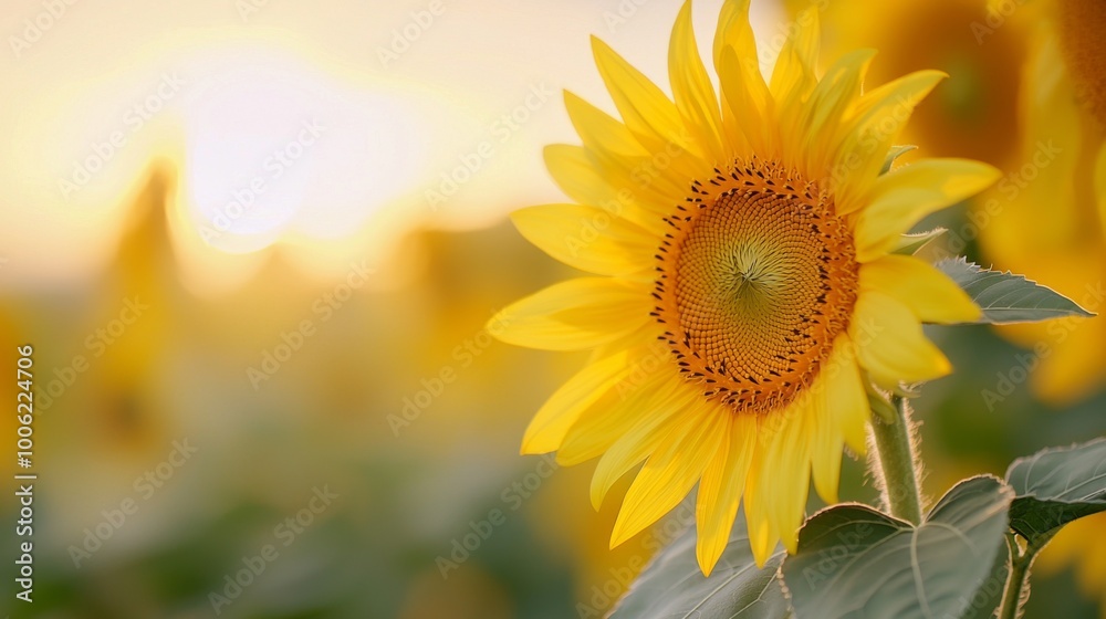 Fototapeta premium Sunset Over Sunflower Fields, expansive agricultural landscape adorned with vibrant yellow sunflowers, warm summer hues illuminating the countryside, serene atmosphere inviting tranquility