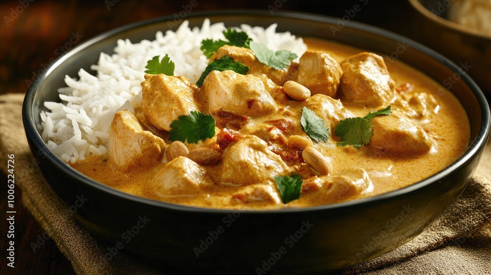 A flavorful bowl of chicken korma, creamy and aromatic curry with tender chicken pieces, cashew nuts, and aromatic spices, served with rice. A flavorful bowl of chicken korma, creamy and aromatic curry with tender chicken pieces, cashew nuts, and aromatic spices, served with rice.