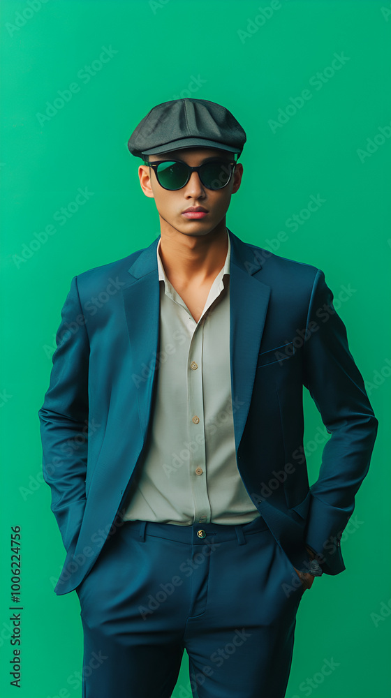 Cool Man in a Blue Suit and Sunglasses, Relaxed and Stylish with a Confident Pose Against a Vibrant Green Background
A stylish man wearing a blue suit and sunglasses, posing confidently against a brig Cool Man in a Blue Suit and Sunglasses, Relaxed and Stylish with a Confident Pose Against a Vibrant Green Background
A stylish man wearing a blue suit and sunglasses, posing confidently against a brig