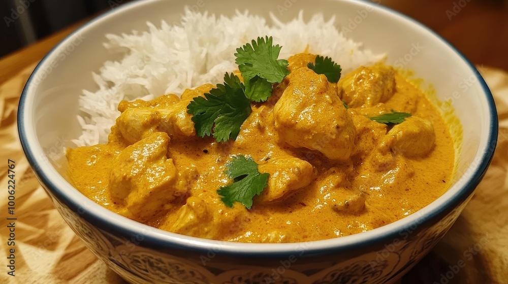 A flavorful bowl of chicken korma, creamy and aromatic curry with tender chicken pieces, cashew nuts, and aromatic spices, served with rice. A flavorful bowl of chicken korma, creamy and aromatic curry with tender chicken pieces, cashew nuts, and aromatic spices, served with rice.