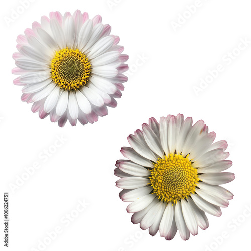 Two White Daisies with Pink Tips Isolated on White Background