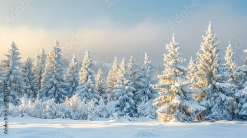 Snow-covered woodland with towering frost-kissed pine trees and soft morning light creating a serene winter landscape