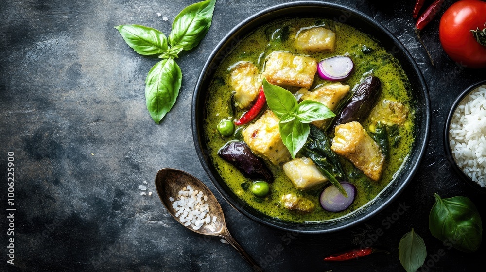 A fragrant bowl of Gaeng Keow Wan, Thai green curry with succulent chunks of fish, Thai eggplant, and basil leaves, served with steamed rice. A fragrant bowl of Gaeng Keow Wan, Thai green curry with succulent chunks of fish, Thai eggplant, and basil leaves, served with steamed rice.