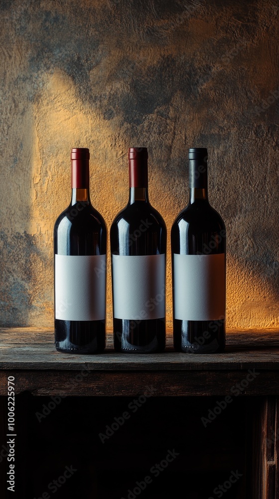 Three wine bottles standing on a rustic wooden table Three wine bottles standing on a rustic wooden table