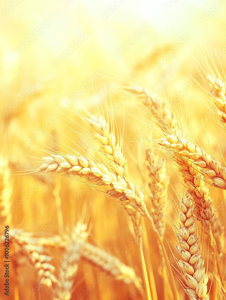 A detailed close-up panoramic view of golden wheat fields gently swaying in the breeze under a clear azure sky during a vibrant sunset. Warm sunlight casts a golden glow over the landscape. A detailed close-up panoramic view of golden wheat fields gently swaying in the breeze under a clear azure sky during a vibrant sunset. Warm sunlight casts a golden glow over the landscape.