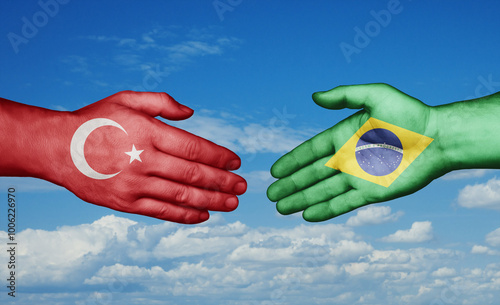 Brazil and Turkey country handshaking with flags, consensus concept international co-operation illustration
