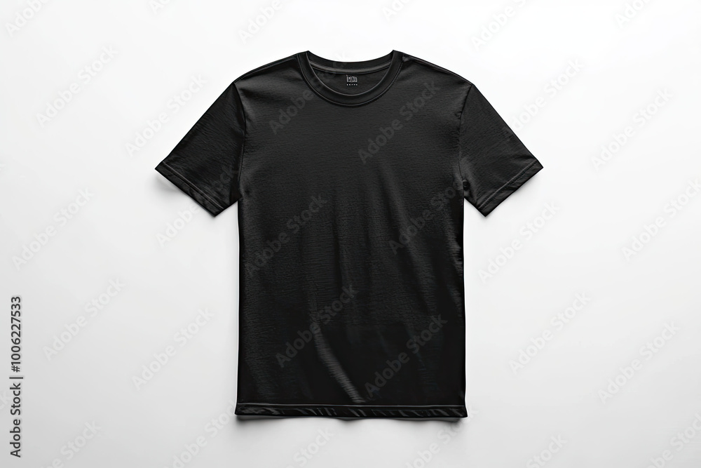 A black round-neck T-shirt mockup, presented on an all-white background with no text or graphics. Created with Ai A black round-neck T-shirt mockup, presented on an all-white background with no text or graphics. Created with Ai