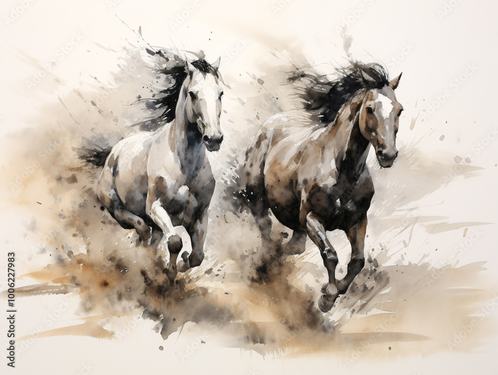Fototapeta premium The motif of the painting includes two horses sprinting along a sandy path. Japan traditional sumi-e painting. Water blurred ink painting.