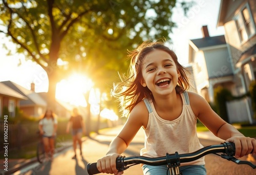 Fototapeta Naklejka Na Ścianę i Meble -  Portrait of a girl riding a bike on a tree-lined street, friends in the background.